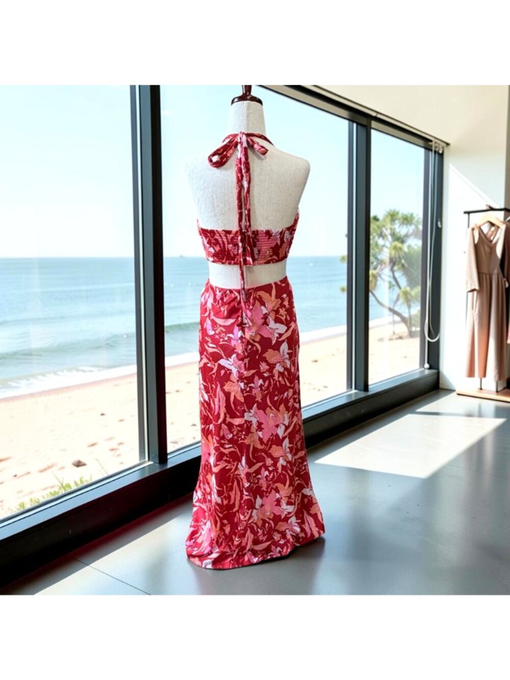J. Crew Collection Halter Cut Out Maxi Satin Dress Lily Swirl Coral Pink Resort - Picture 5 of 7